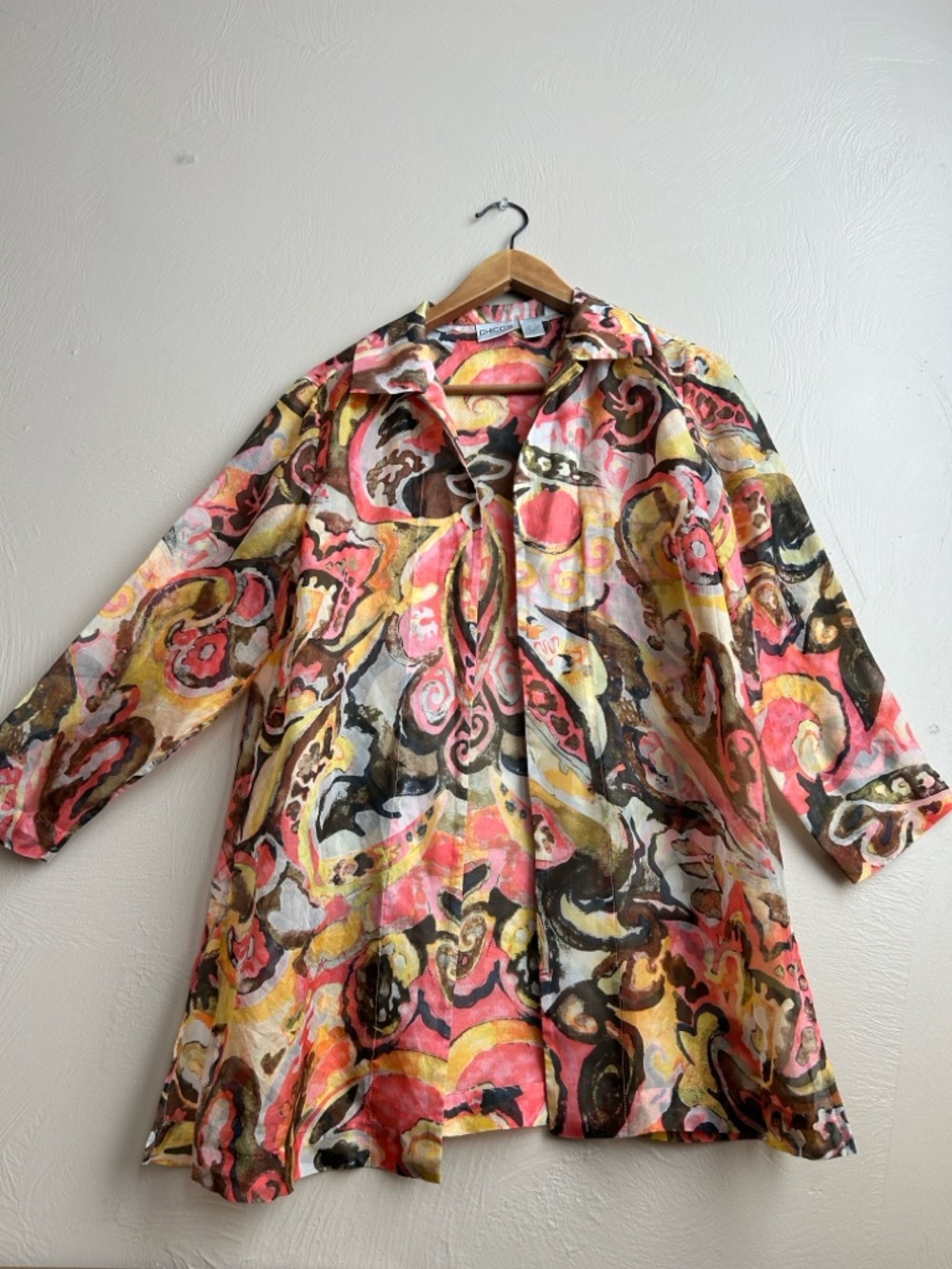 Chico’s 100% Silk Sheer Cover Up/Blouse/Tunic. Open Front.. Size 1 (Medium)